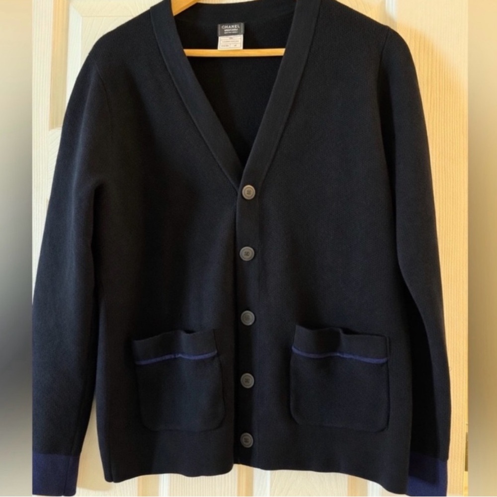 CHANEL Men's Dark Navy Button-Front Cardigan with Contrast Trim